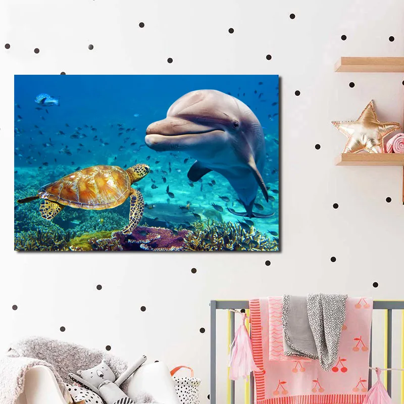

Dolphin And Sea Turtles Animals Wall Art Canvas Minimalist Nordic Posters Prints Painting Wall Pictures Living Room Home Decor