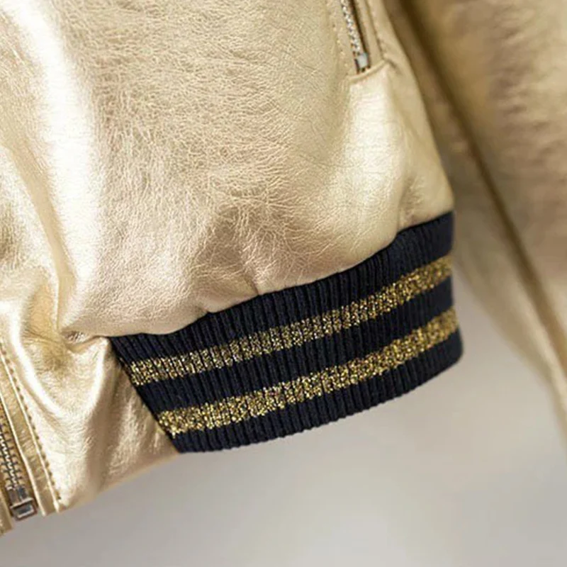 Женская бейсбольная куртка-бомбер из ПУ кожи с металлической текстурой | одежда