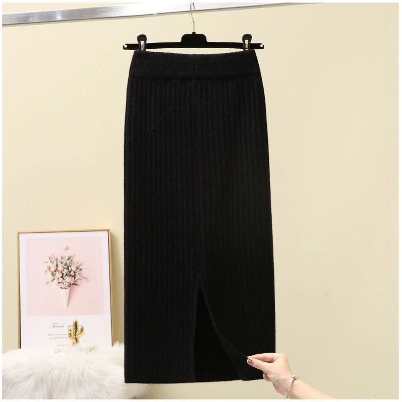 

Thickened split knit bag hip one-step skirt women's medium length new autumn and winter 2021 long skirt wool skirt