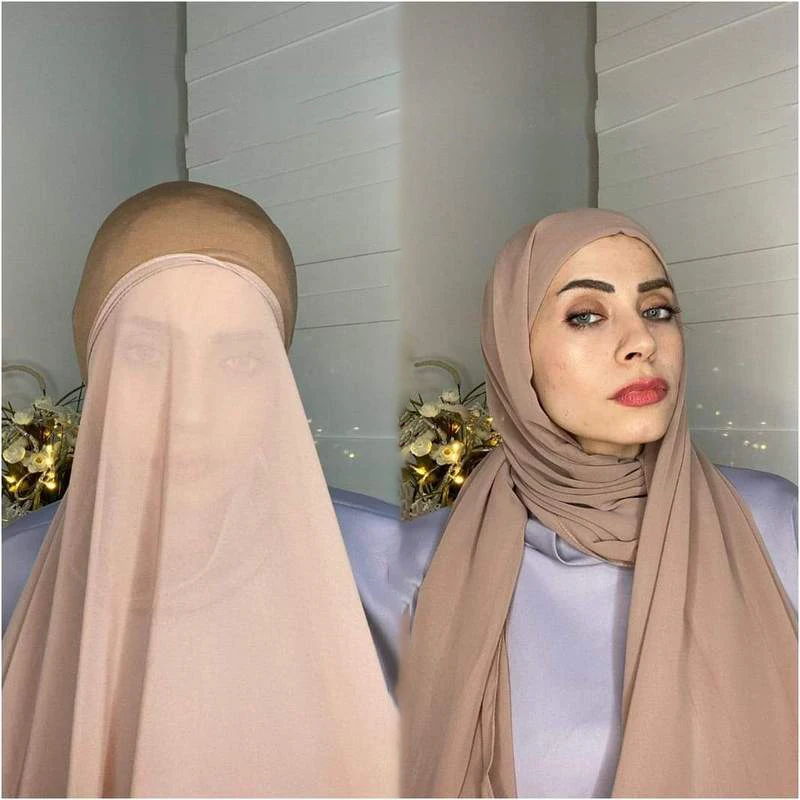 2021 Bubble Heavy Chiffon Hijab With Bonnet Elastic Rope Free Use Style Free Use Solider Color Shawls For Muslim Women