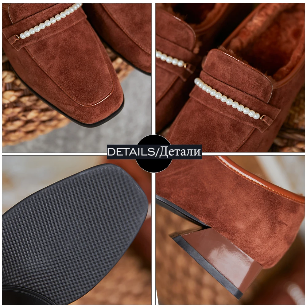 

ISNOM Genuine Leather Flats Women Pearl Furry Loafers Casual Square Toe Fluffy Slip On Comfortable Mules Winter Shoes