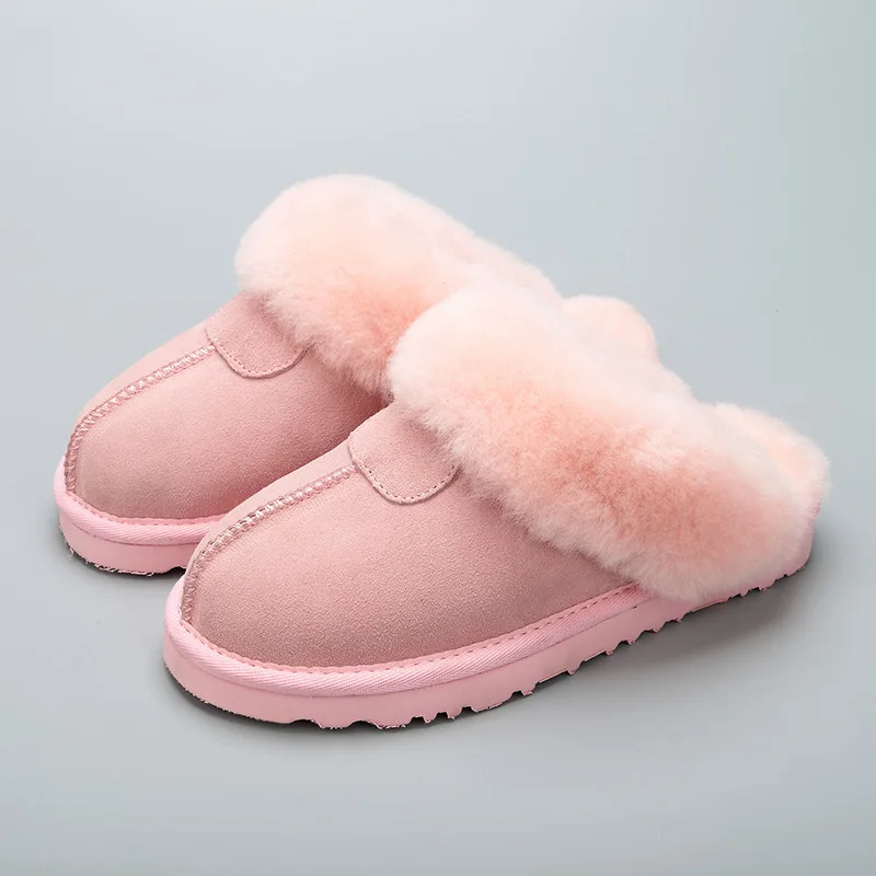 Pink UVWP женская домашняя обувь из натуральной овечьей кожи с натуральным мехом; зимние тапочки для женщин; домашняя обувь; теплые шерстяные тапочки - Цвет: Pink