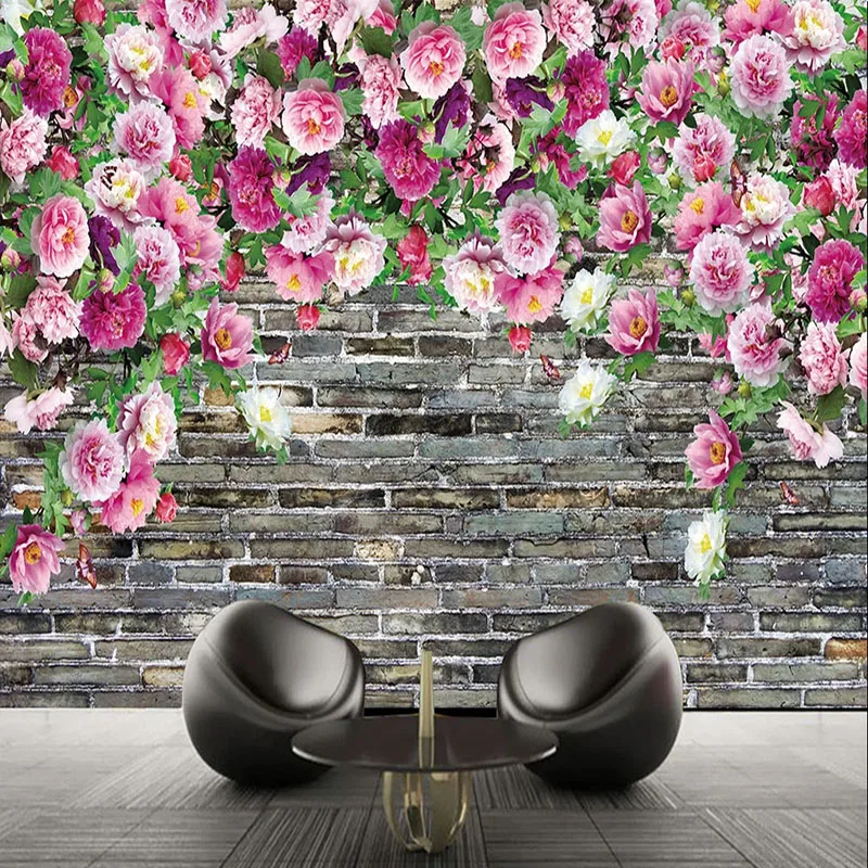 Самоклеящиеся обои на заказ 3D-обои с изображением кирпича пиона цветов фотообои