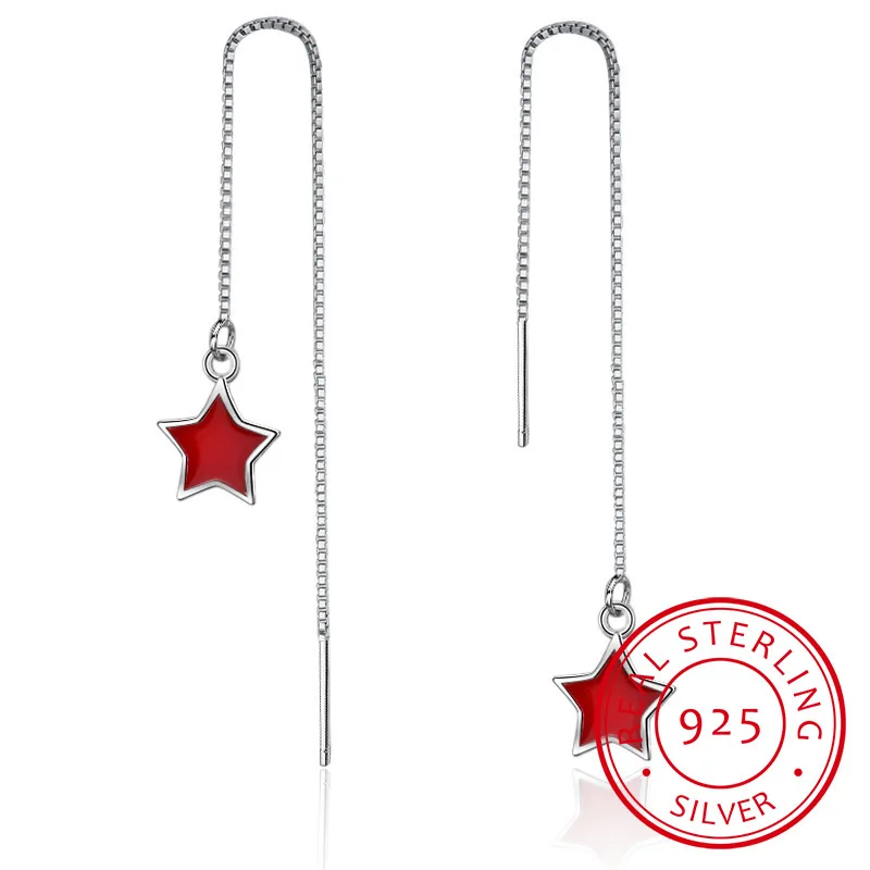Реальный. Женские серебряные серьги-гвоздики с красной звездой длинные кисточки