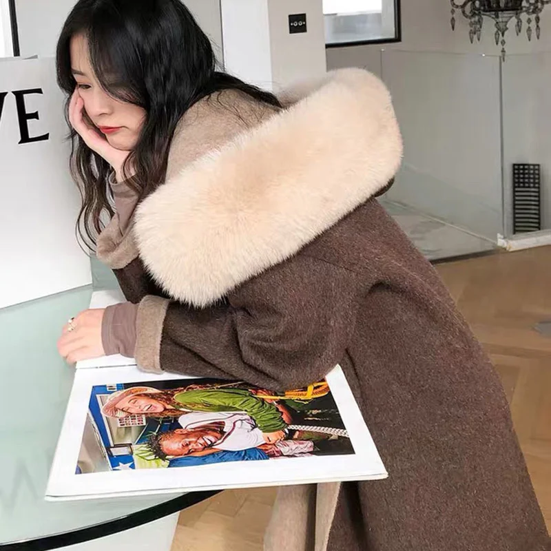 

Небольшое внесезонное корейское двустороннее кашемировое пальто с капюшоном для фанатов, женское среднее и длинное пальто с меховым ворот...