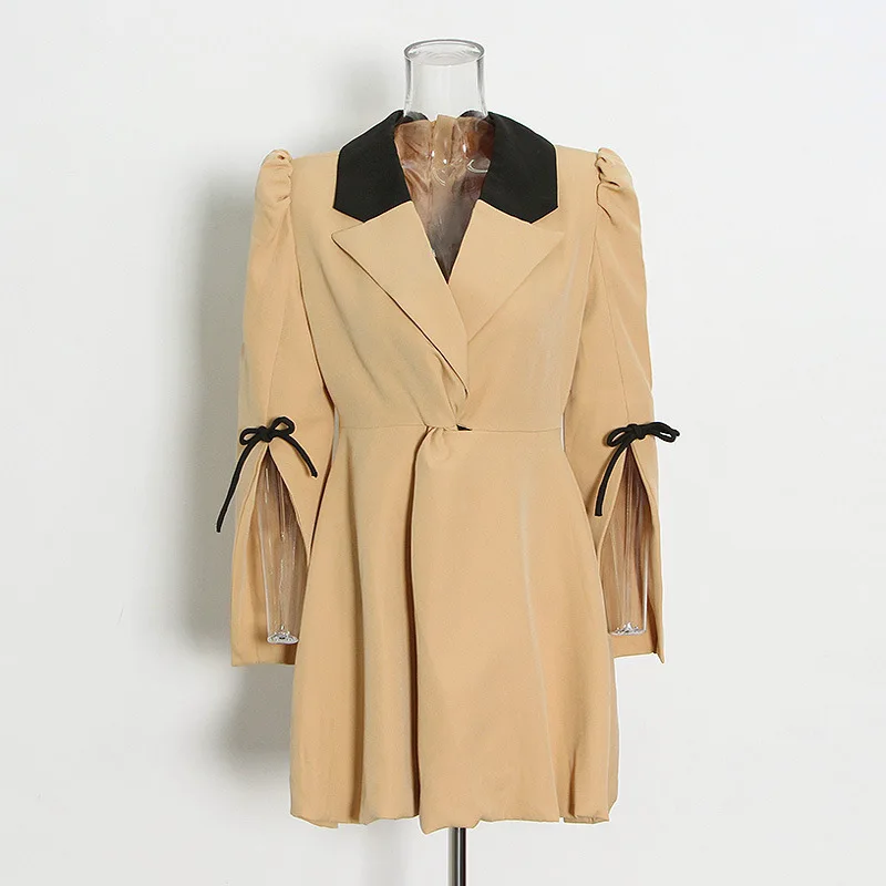 

Корейский шикарный темперамент осень лето 2021 Новинка женское белое платье со шнуровкой на талии с отложным воротником и длинным рукавом