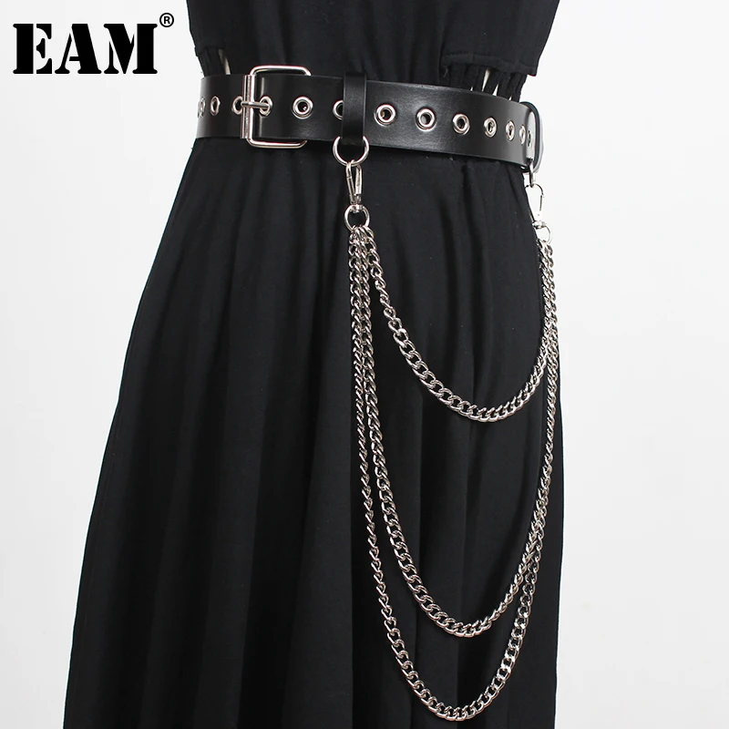 

[EAM] Black Metal Chain Spliced Pu Leather Long Belt Personality Women New Fashion Tide All-match Spring Autumn 2023 1DD4848