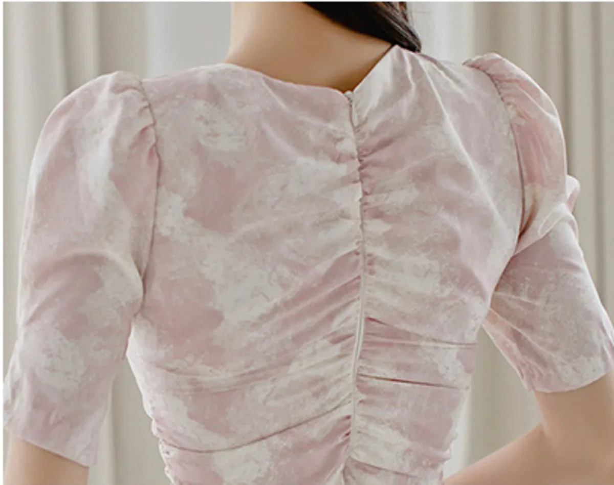 

BacklakeGirls Korean Style Elegant Ruffled Slim-fit Square Collar Irregular Cocktail Dress Tie-dyed Printed Women Party Dress