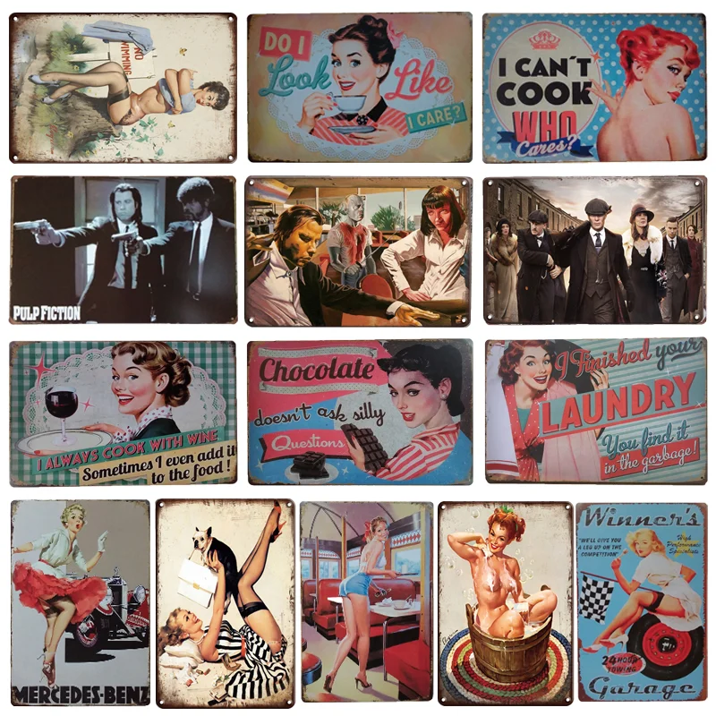

Pin-up Poster Tin Plate Plaque Bedroom Home Decor Metal Plate Plaques Vintage Man Cave Bar Kitchen Decoration Stickers