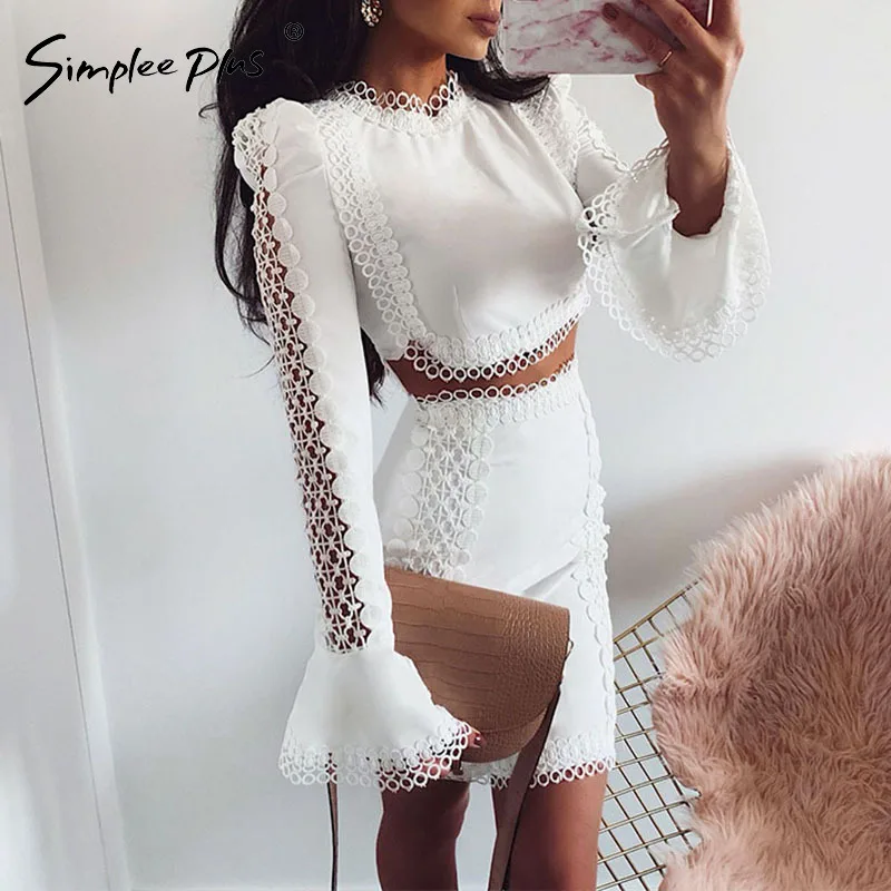 Simplee Plus Elegant lace bodycon White dress two pieces suits women Sexy hollow out autumn sets party club mini | Женская одежда