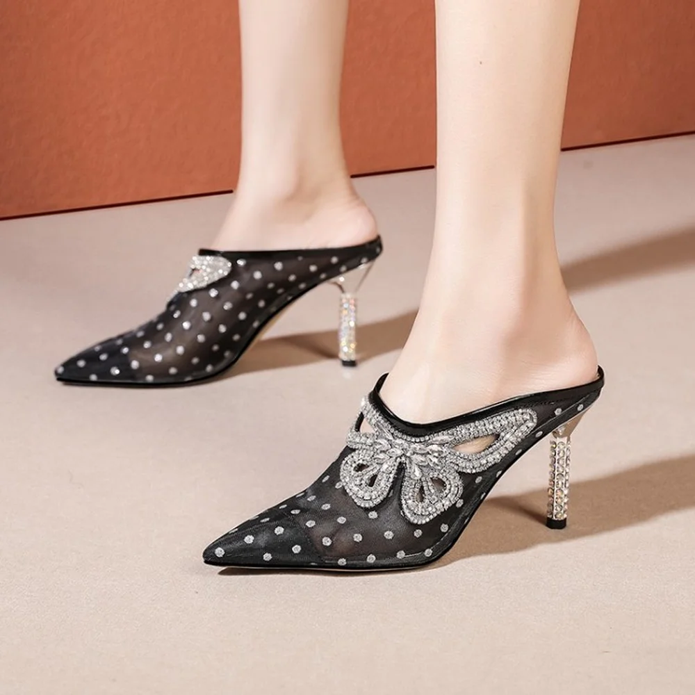 

2022 Womens Pointy Toe Rhinestones 3D Butterfly Mesh Slippers Polka Dots Stilettos Mules Shoes High Heel Slingbacks Real Leather