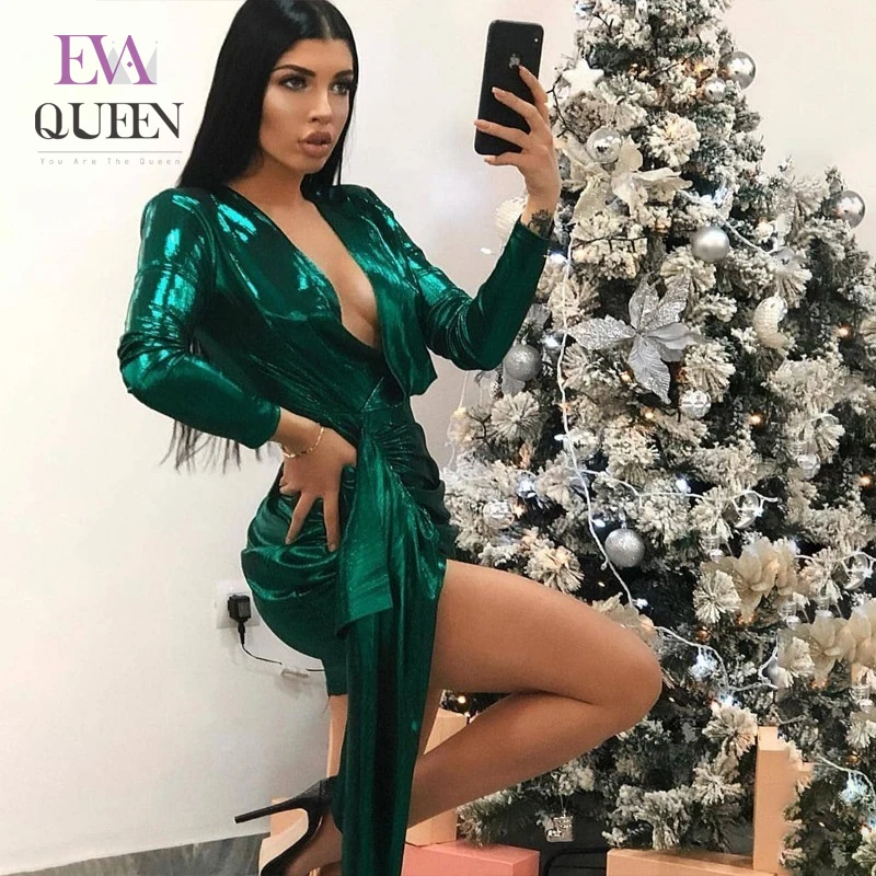 Женское облегающее платье EvaQueen зеленое мини-платье с глубоким v-образным вырезом