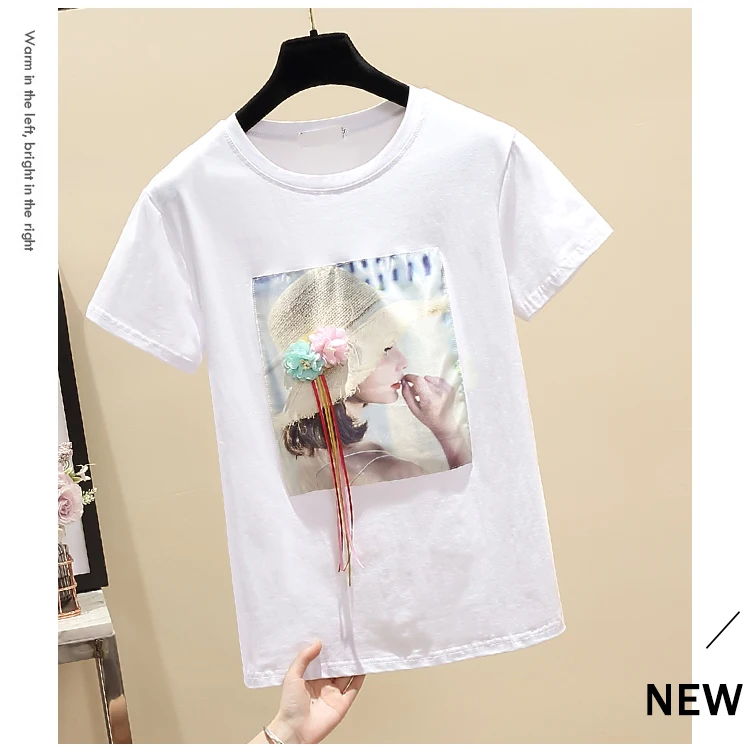 

Houthion Cotton Printing Women's T-shirt Short Sleeve Top Plus Size Fashion Tshirt Casual New Korean O-neck Loose T Shirt
