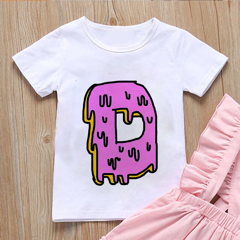 

New Arriva Donut Letters Name Novelty Girls Tshirt Kawaii Casual T Shirt Boys Unisex Kids Clothing Crew Neck Girl Clothes Summer