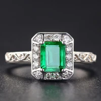 925 silver new light luxury temperament hollow rectangular emerald colored gemstone adjustable ring for women elegance jewelry