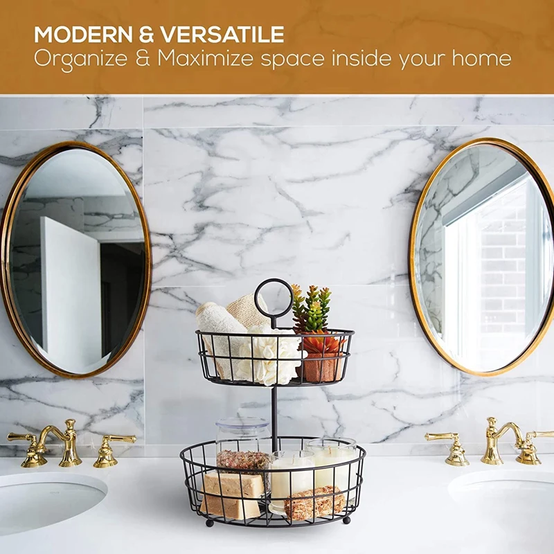 

2 Tier Fruit Iron Wire Basket Sundries Snacks Tray Household Hollow Kitchen Metal Wire Storage Rack Counter Fruit Basket