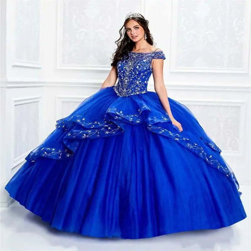 

Royal Blue Cheap Quinceanera Dresses Ball Gown Off The Shoulder Tulle Appliques Beaded Puffy Sweet 16 Dresses