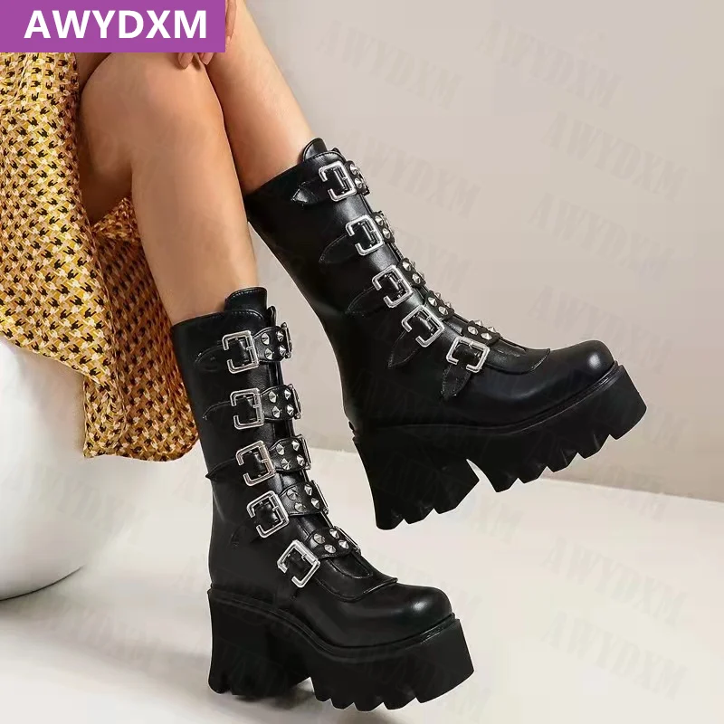 

Женские ботинки-гладиаторы на высоком массивном каблуке, зимние теплые ботинки челси в стиле панк на платформе, 2022