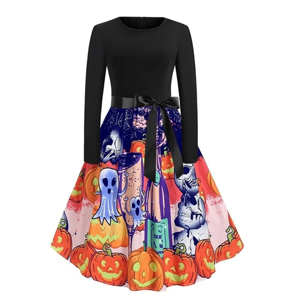 Женское платье на Хэллоуин с длинным рукавом и принтом тыквы вечерние осенние