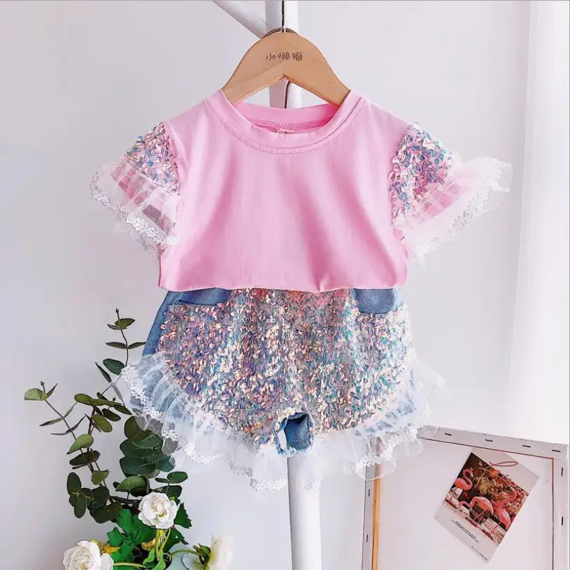 Детская Хлопковая футболка с блестками Новинка лета 2020 кружевные футболки в