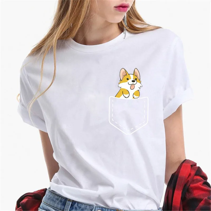 

Cute Corgi in pocket Dog Lovers T Shirt 100% Cotton Women Fashion tshirt Summer Harajuku Funny Cartoon Red T Shirts