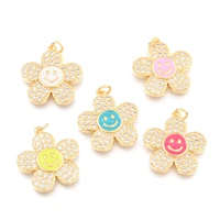 10pcs brass cubic zirconia crystal flower with smiling face charms pendants for women necklace earring jewelry accessories