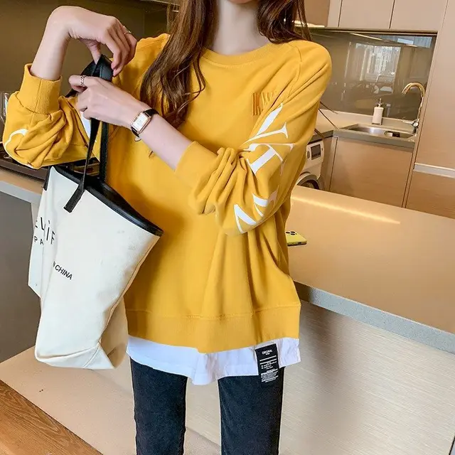 Autumn New Super Fire Pullover Women Ins Tide Hem Two-piece Fake Two-piece Blouse With Slits On Both Sides Loose Jacket Women 5