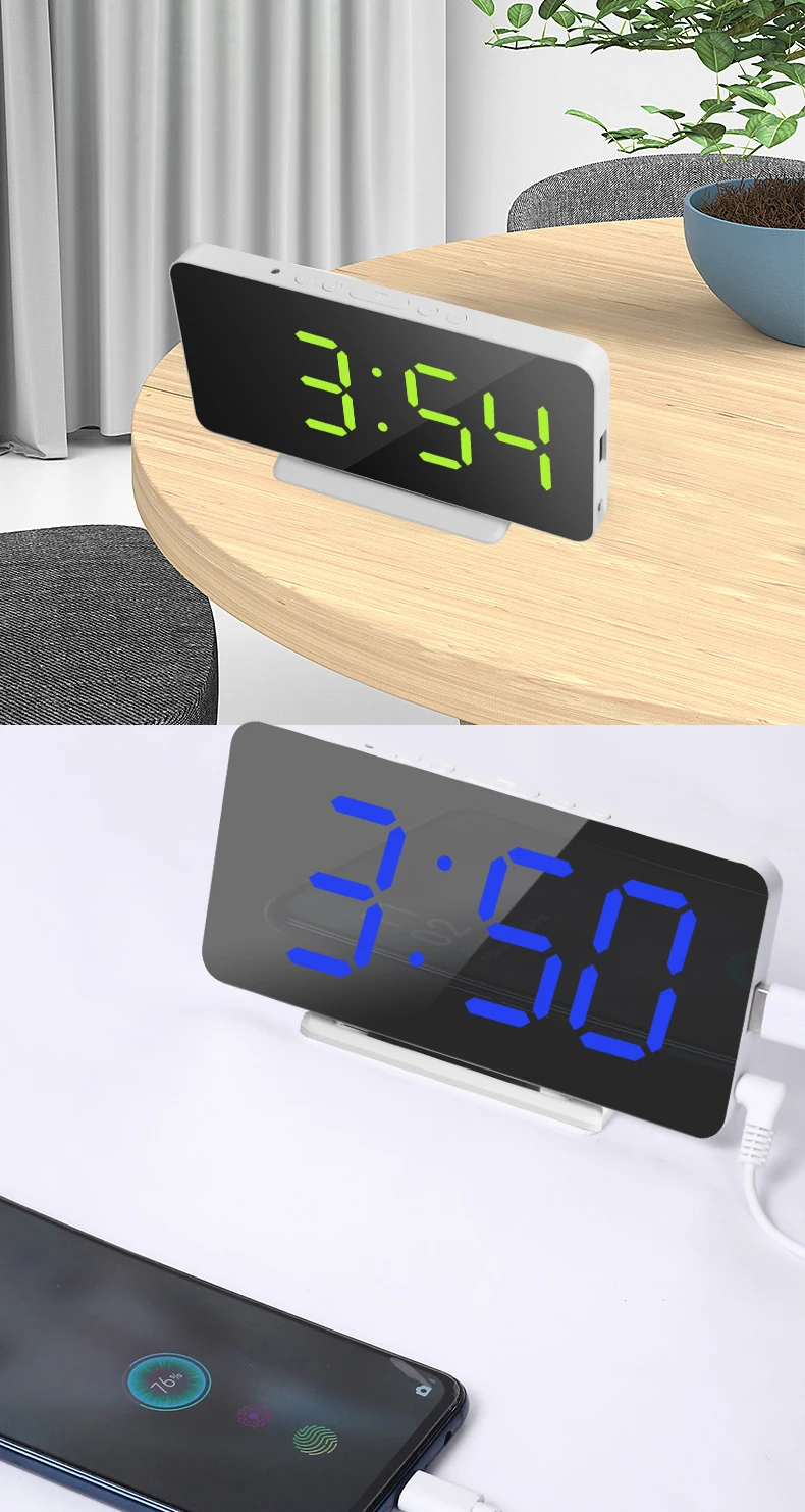 

Large screen LED mirror alarm clock USB Recharge Digital Alarm Clock With LED Date And Temperature Display Mirror Clocks