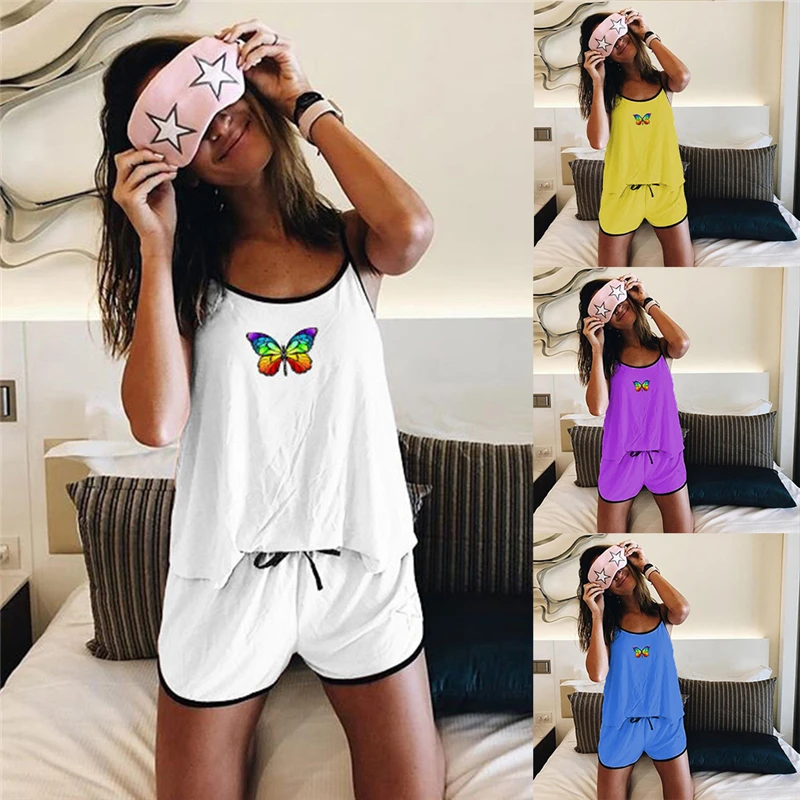 

Fashion Printed Butterfly Cami Pijamas Mujer For Women Sexy Sleepwear Summer Pajama Set Ladies Pyjamas