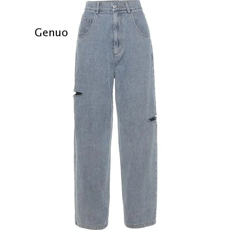 

Women Casual Jeans Fashion Hole Pants High Waist Straight Pant Slim Streetwear Femme Bottoms Lady Trousers New