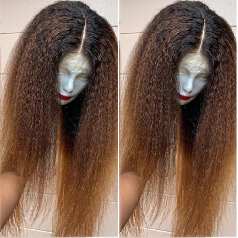 

Ombre Blonde Yaki Kinky Straight Lace Front Fiber Hair Wig Corse Yaki Straight 13x4 Pre Plucked Synthetic Hair Wig 22-26''