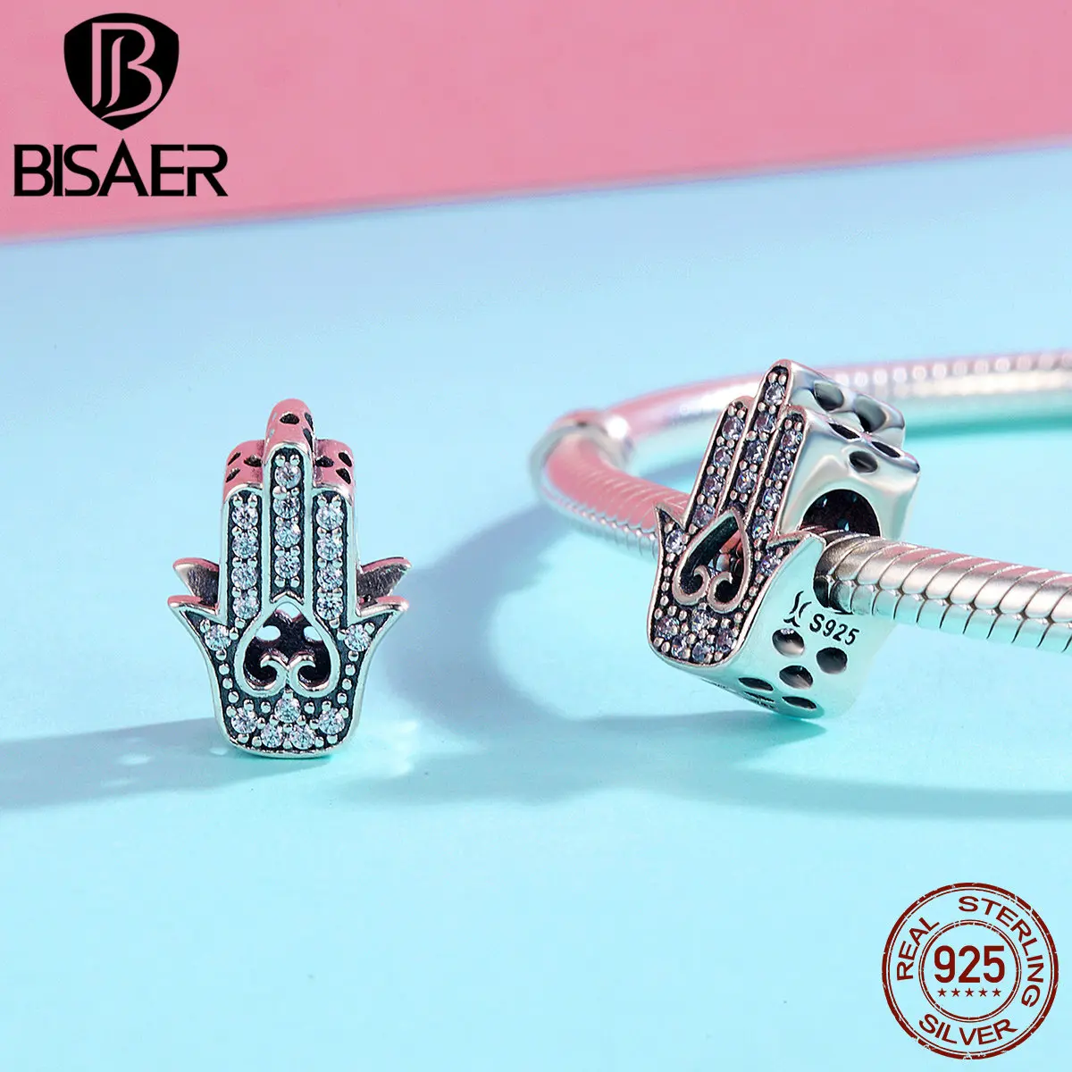 BISAER,,, 925 пробы, серебряный, Фатима, Хамса, ручная подвеска, бусины, подходят к оригинальному пану, очаровательный браслет, сделай сам, ювелирное изделие GXC225