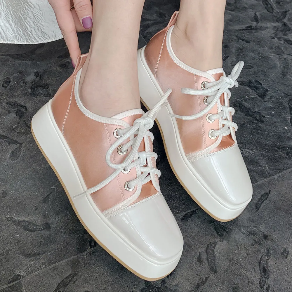 

Women's genuine leather sartin fabric patchwork lace-up platform flats sneakers leisure soft comfortable square toe shoes women