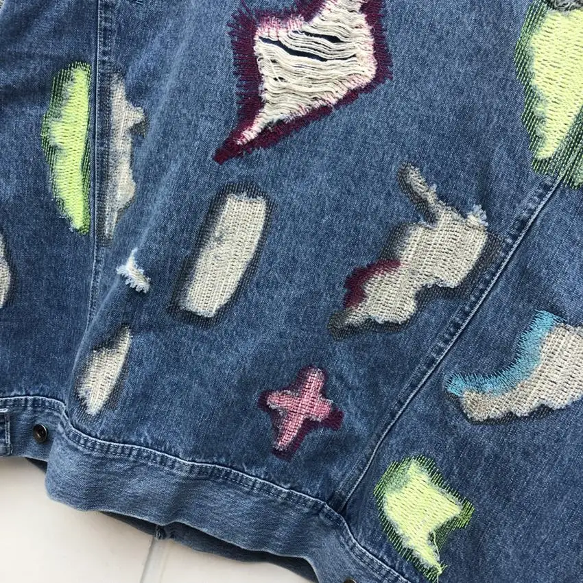 

Best Quality Hip-Hop Damage Hole Distressed Denim Jacket Men Women Blue Coat Patch Letters Logo Endless Outwear