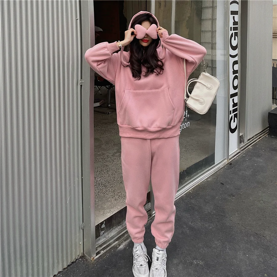 

Pink Hoodies Women Autumn Winter Love Design Loose Thick Pullover Fleece Sweatshirt Suit Kawaii Clothes