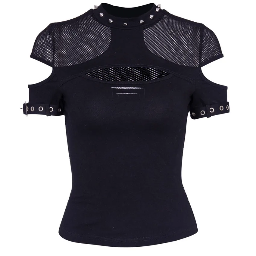 

Black Gothic Sexy Mesh Hollow T Shirt Women Short Sleeve Rivet Shirt Top Fashion Punk Streetwear Summer Casual Harajuku Clothing