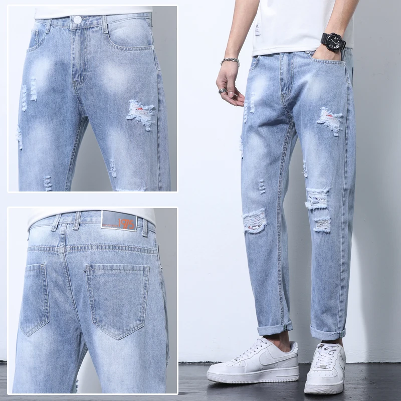 

Men Jeans Sexy Hole Denim Pants Casual 2021 Summer New Male Skinny Slim Biker Outwear Cropped Trousers Male Clothes Streetwear