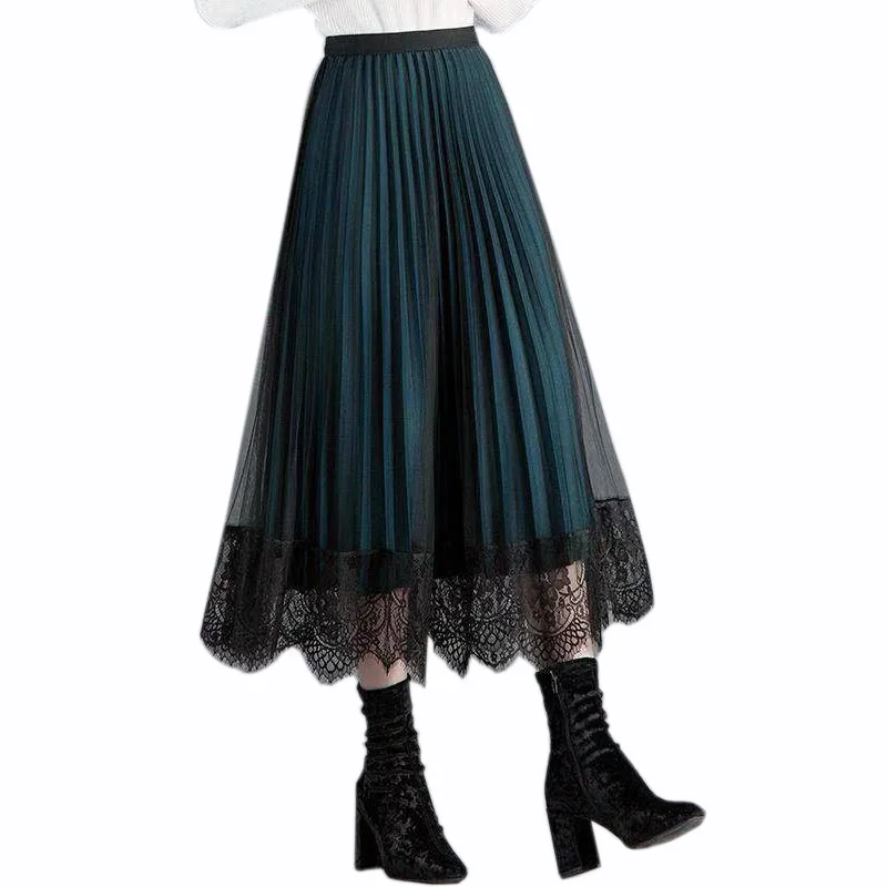 

Autumn Winter Maxi Skirts Two Side Wear Lace Mesh Women Pleated Skirt Plus Size Elegant Ladies Korean Fall Skirts Black Green XL