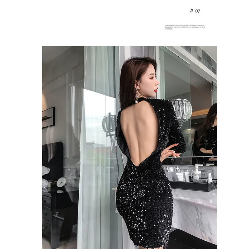 

2020 new ladies style sequined high waist halter banquet annual party dress