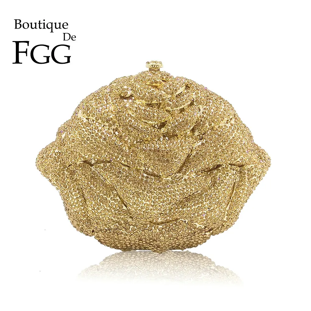 

Boutique De FGG Shiny Bling Gold Crystal Women Flower Evening Bags Wedding Party Bridal Diamond Floral Handbag Clutch Purse