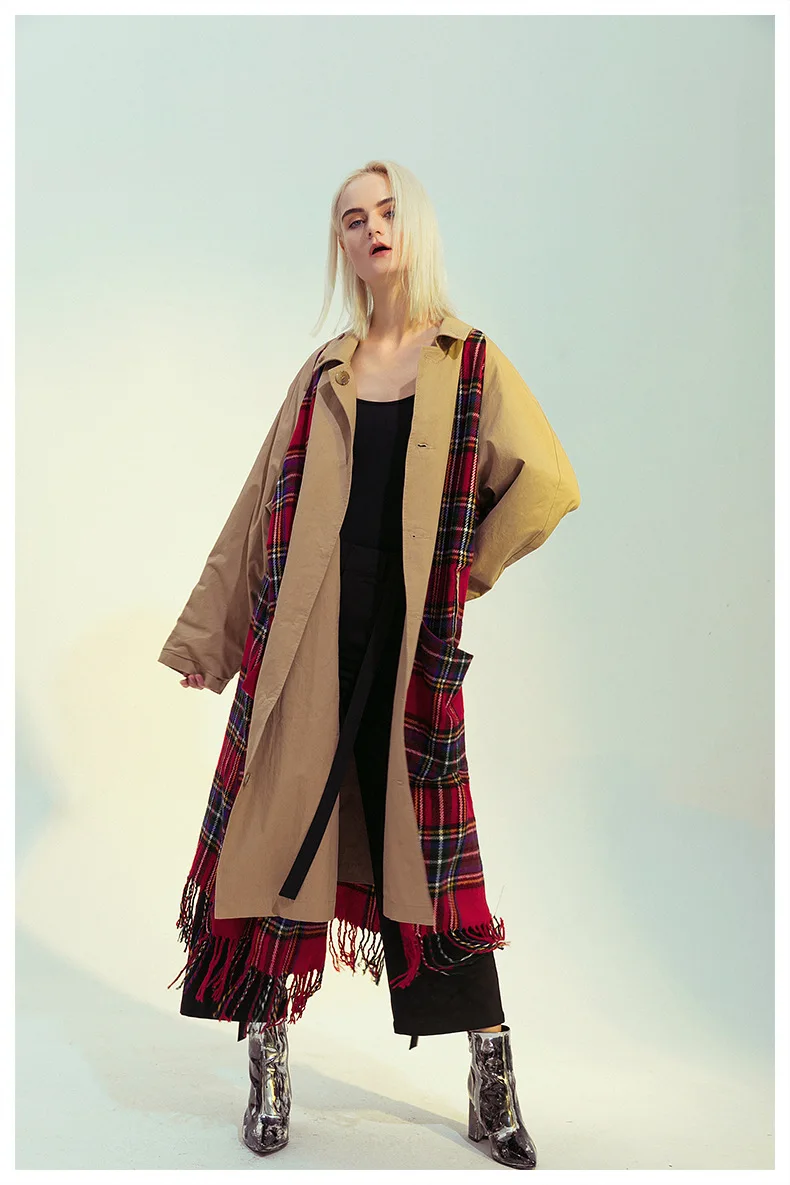

MSXU Women's New Autumn Winter Elegant Vintage Tartan Patchwork Casual Reversible Windbreaker Trench Coat Blazer