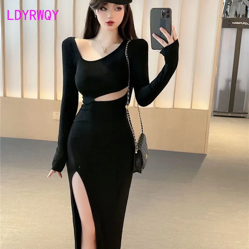 

European and American sexy women's body hollow long-sleeved dress tight-fitting high slits wrapped hips and exposed waist