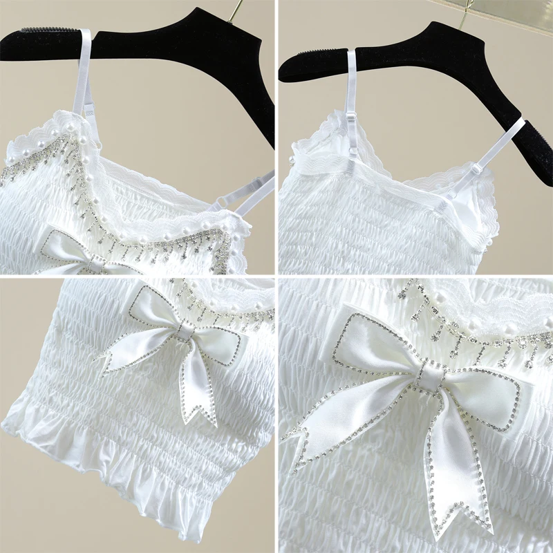 2021 Summer Exquisite Rhinestone Beaded Bowknot Ruffle Sleeveless Bra Vest Korean Lace Elastic Chest Wrap Fashion Sexy Camis Top