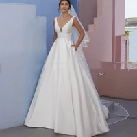 simple white bridal dresses 2022 v neck a line with pocket sleeveless fashion sweep train appliques robe de mari%c3%a9e sashes