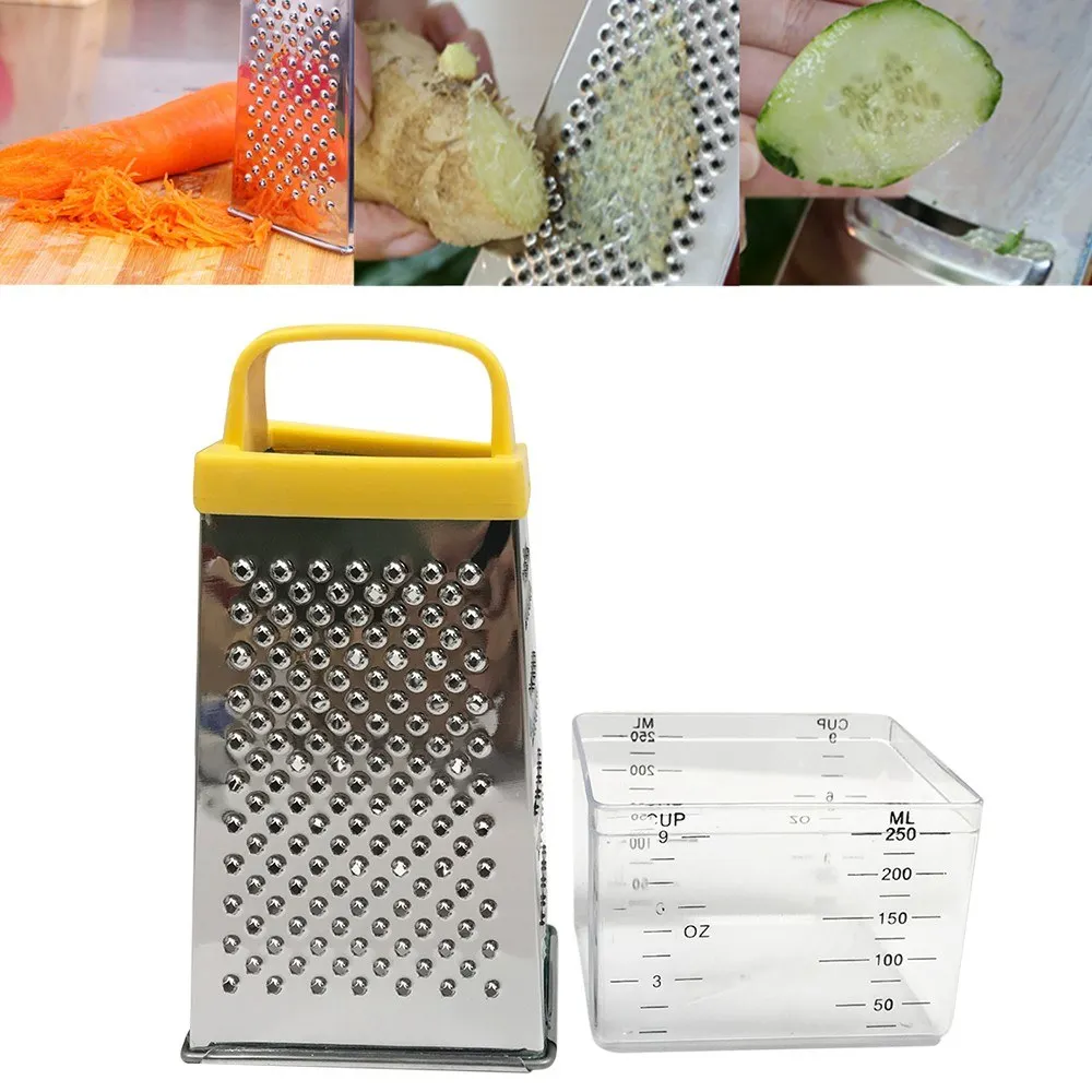 

Stainless Steel Manual Cheese Vegetable Grater Box 4 Sided with Container Box (Handle in Random Color)