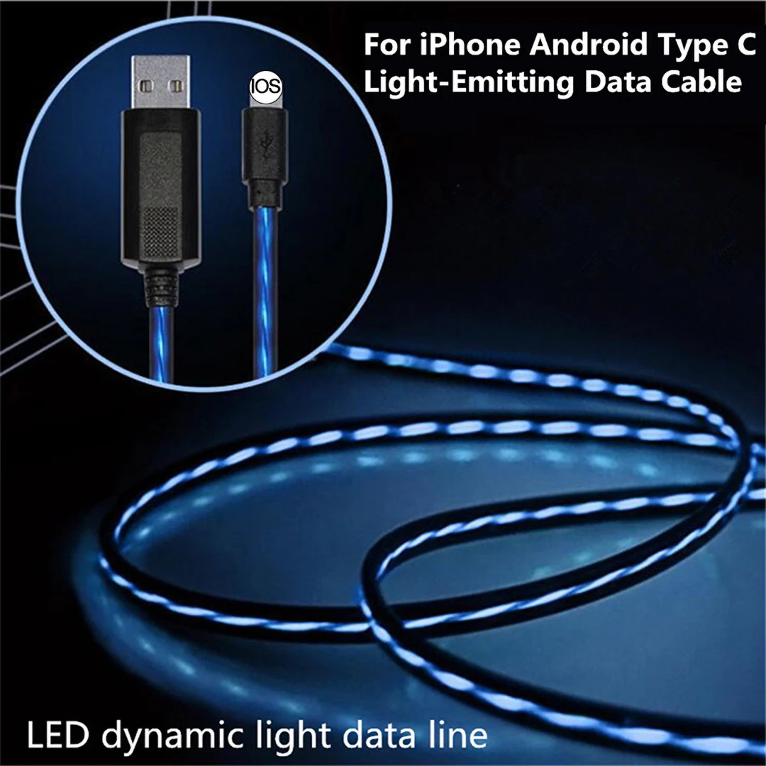 8 Pin микро Тип usb C кабель светодиодный светящийся течет данных, зарядный кабель для мобильного телефона с Зарядное устройство для iPhone samsung освещение световой провод