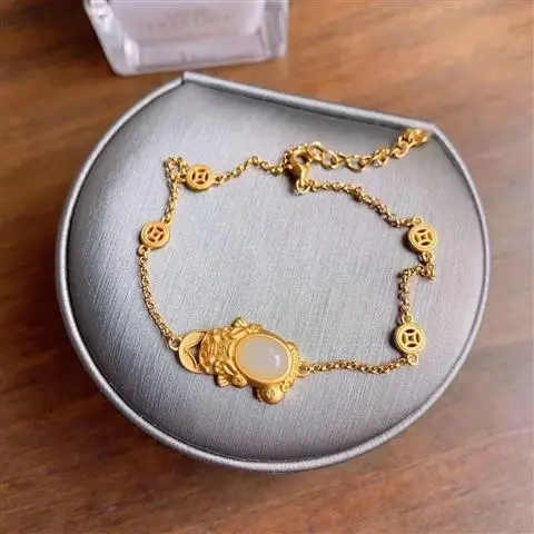 

S925 Sterling Silver Vintage Pendant Inlaid Natural Hetian White Jade Bracelet Hollow Coin Lucky and Evil-Proof Gift for Girlfri