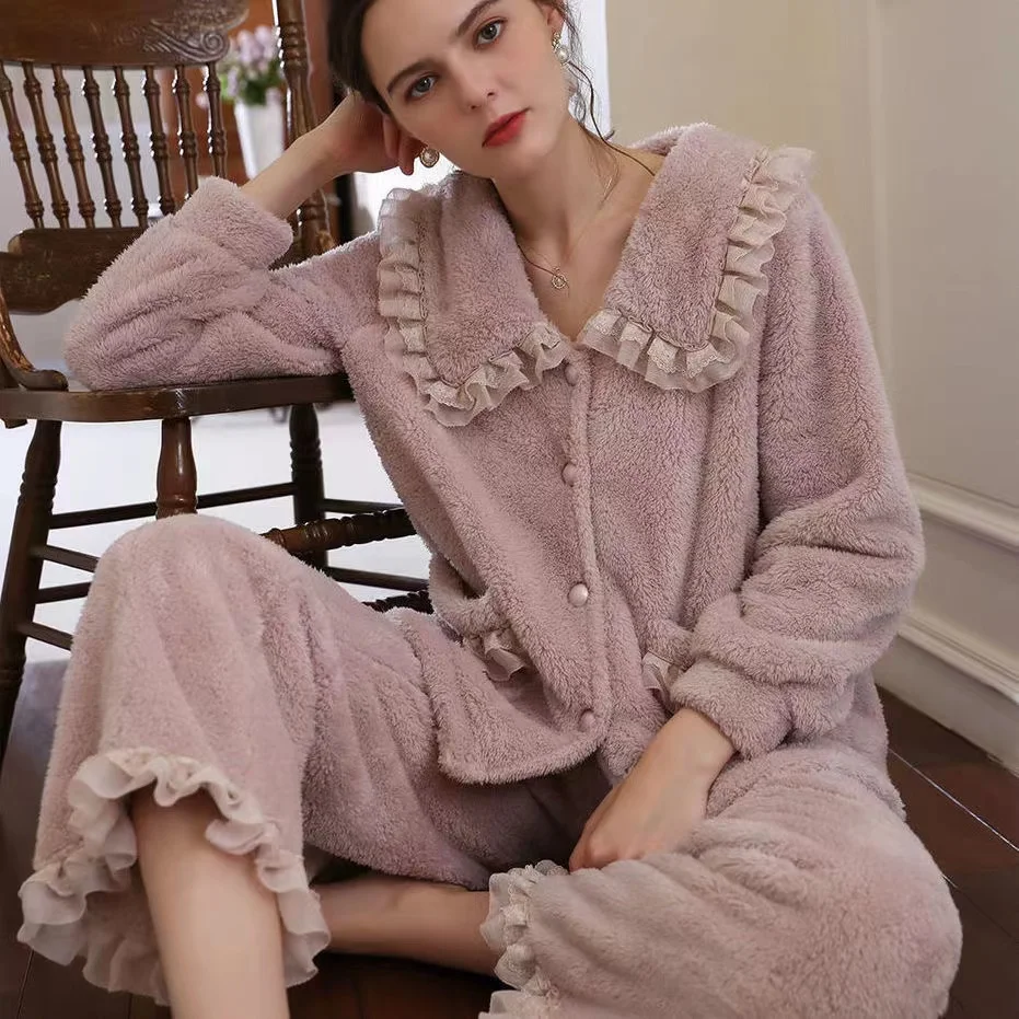 Women Coral Velvet Pyjamas Winter 2 Pieces/Sets Long Sleeve Thick Warm Flannel Female Home Clothing Pajamas