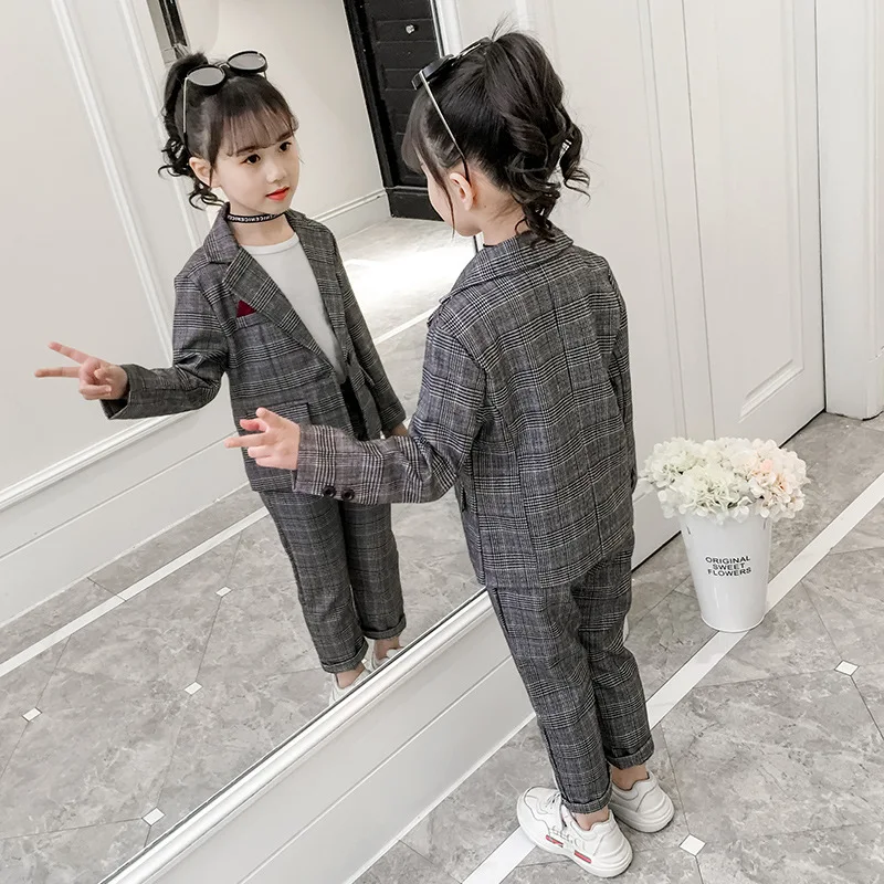 

2020 Autumn Teenager Plaid Suit For Girls Jackets Pants 2pcs School Tracksuit Chlidren/girl Clothes/clothing Set 8 To 12 Years