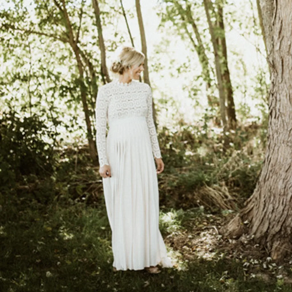 Для женщин беременных платье для макси с высоким воротником длинными рукавами Однотонное кружевное Фотофон